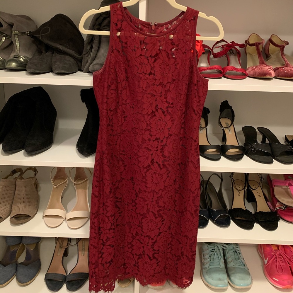 WHBM cranberry lace cocktail dress